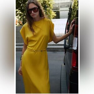 Belted Satin Effect Midi Yellow Dress